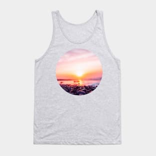 Summer Sunset Bringing Out Shades Of Pink, Gold And Orange In The Sky, Ocean And Beach Pebbles Tank Top